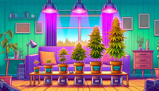 cannabis grow phasen cartoon bild zuhause unter lila grow lampen